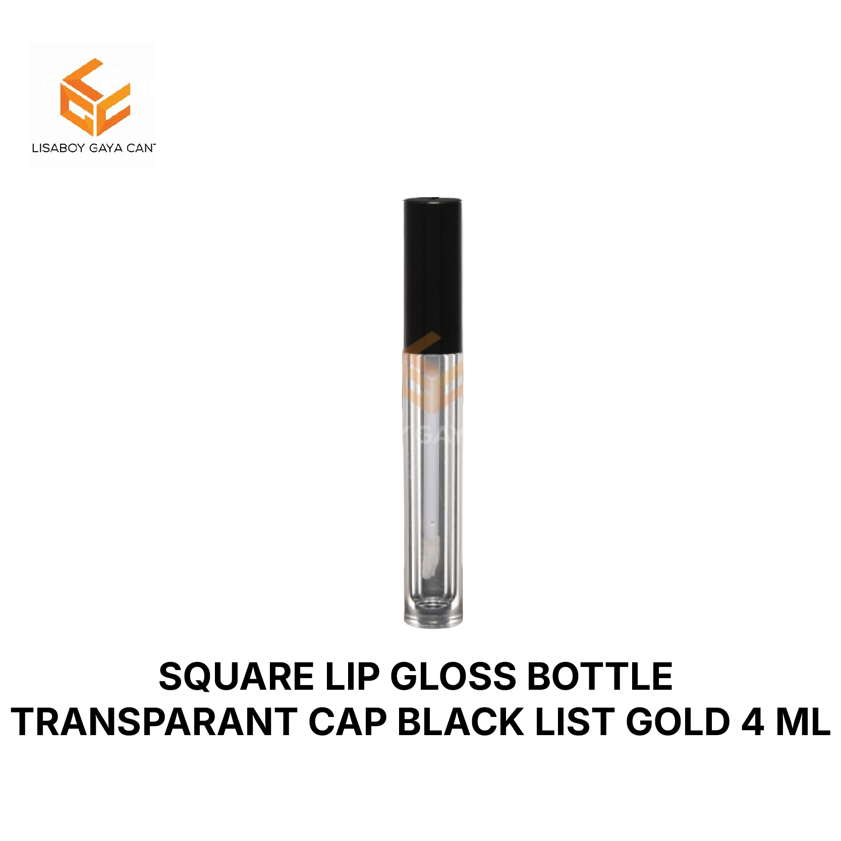 SQUARE LIP GLOSS BOTTLE TRANSPARANT CAP BLACK LIST GOLD 4 ML