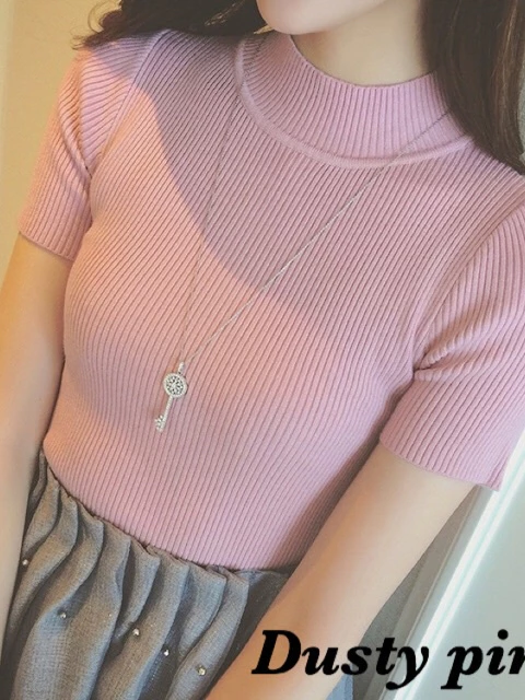 Atasan Rajut Wanita Turtleneck - Kerah Tinggi Lengan Pendek - Kaos Turtleneck Rib Turtleneck Lengan Pendek - Kaos Viral Korea Style
