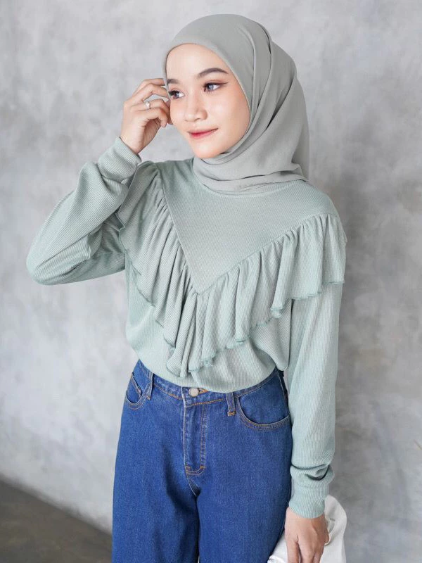 Kaos Lengan Panjang Rumbai / Knit Ruffle / blouse Korean raffle rib premium