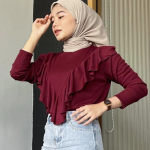Kaos Lengan Panjang Rumbai / Knit Ruffle / blouse Korean raffle rib premium