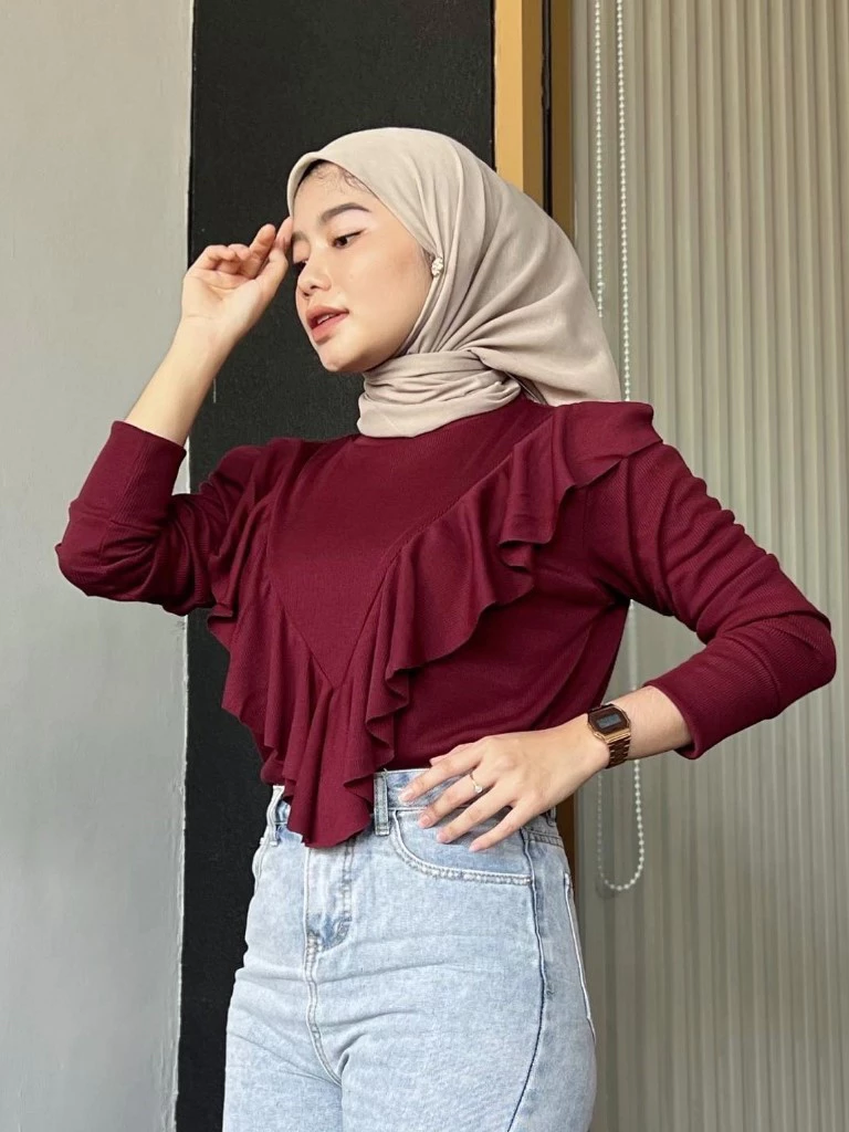 Kaos Lengan Panjang Rumbai / Knit Ruffle / blouse Korean raffle rib premium