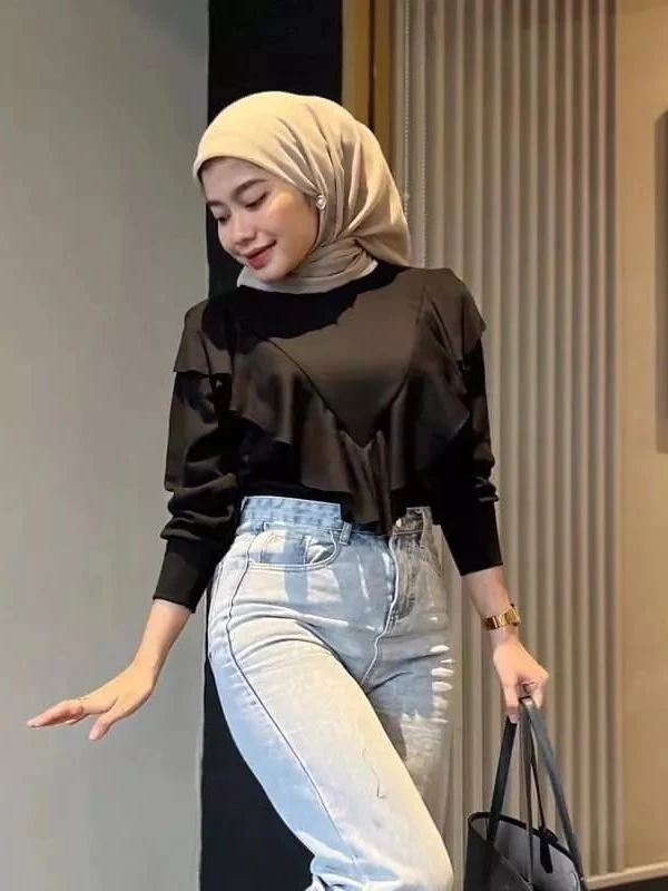 Kaos Lengan Panjang Rumbai / Knit Ruffle / blouse Korean raffle rib premium