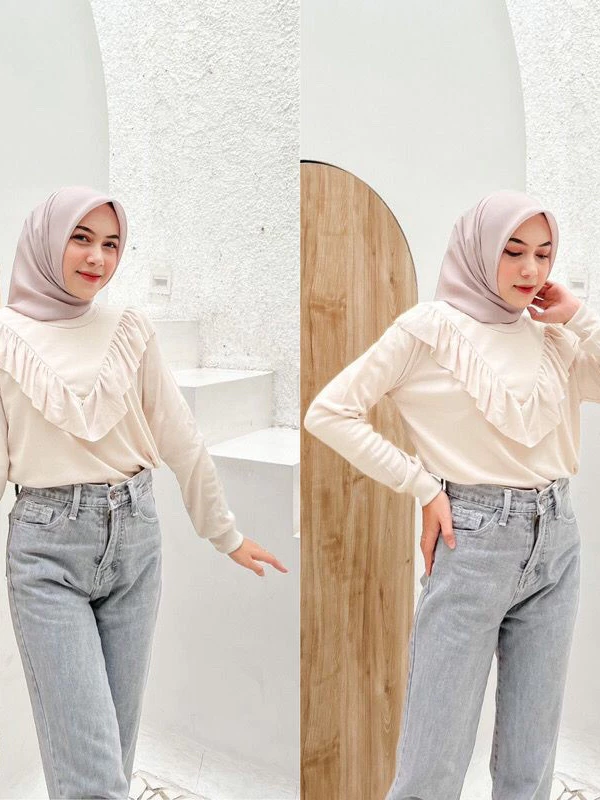 Kaos Lengan Panjang Rumbai / Knit Ruffle / blouse Korean raffle rib premium