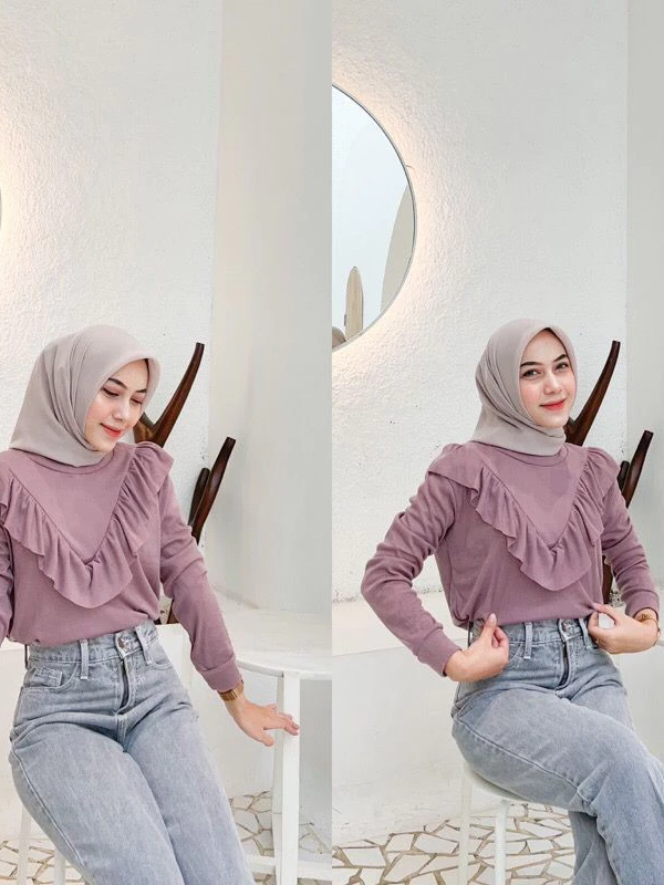 Kaos Lengan Panjang Rumbai / Knit Ruffle / blouse Korean raffle rib premium