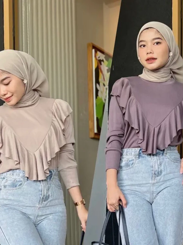 Kaos Lengan Panjang Rumbai / Knit Ruffle / blouse Korean raffle rib premium