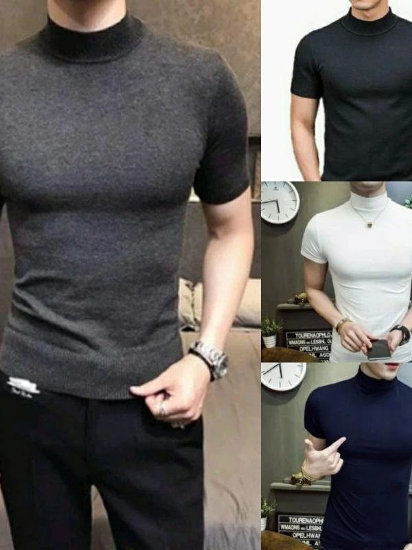 Turtleneck Pendek Pria Kaos Pria Polos Lengan Pendek Kerah Tinggi