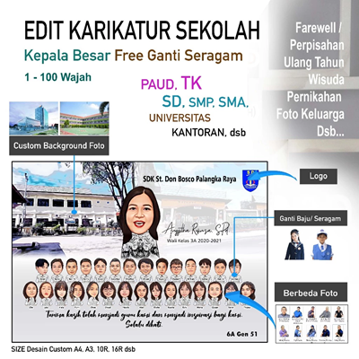 Edit School Caricatures + Change Uniforms, PAUD, Kindergarten, Elementary, Middle School, High School, University, Students, Students, Teachers, Graduation Gifts, Anniversary, Graduation Prizes