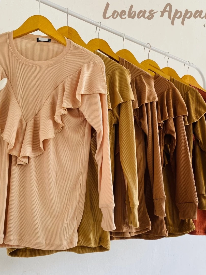 Atasan Wanita Kaos Blouse Ruffle Rumbai Bahan Rib Knit Rajut Premium Lengan Panjang