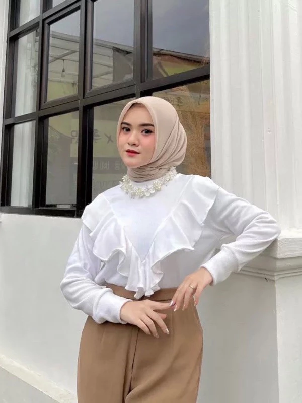 Atasan Wanita Kaos Blouse Ruffle Rumbai Bahan Rib Knit Rajut Premium Lengan Panjang