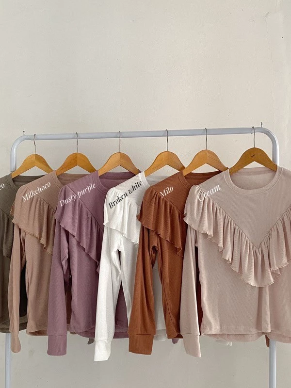 Atasan Wanita Kaos Blouse Ruffle Rumbai Bahan Rib Knit Rajut Premium Lengan Panjang