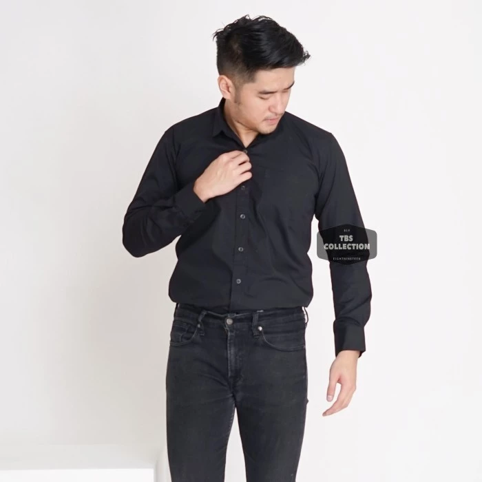 laris -BAJU KEMEJA HITAM POLOS PRIA LENGAN PANJANG BIG SIZE XXL CASUAL FORMAL