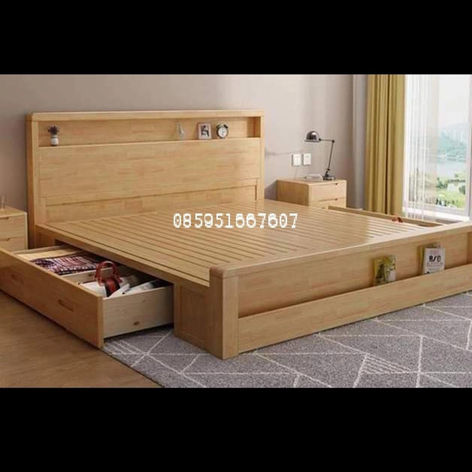 dipan tempat tidur minimalis kayu jati 180x200 laci dorong modern jati