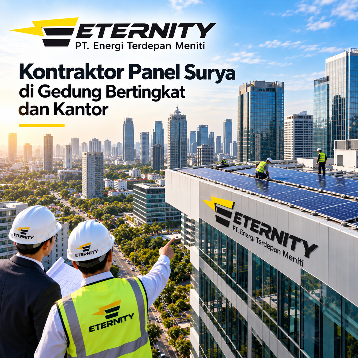 Pasang Panel Surya di Gedung Bertingkat dan Kantor ( Tampa Depan Gedung )