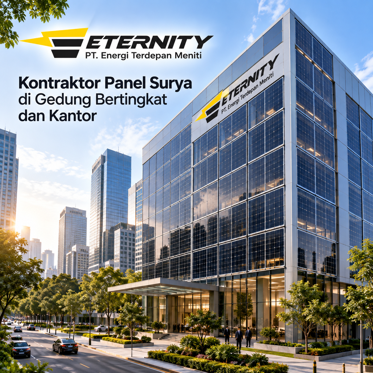Pasang Panel Surya di Gedung Bertingkat dan Kantor ( Tampa Depan Gedung )