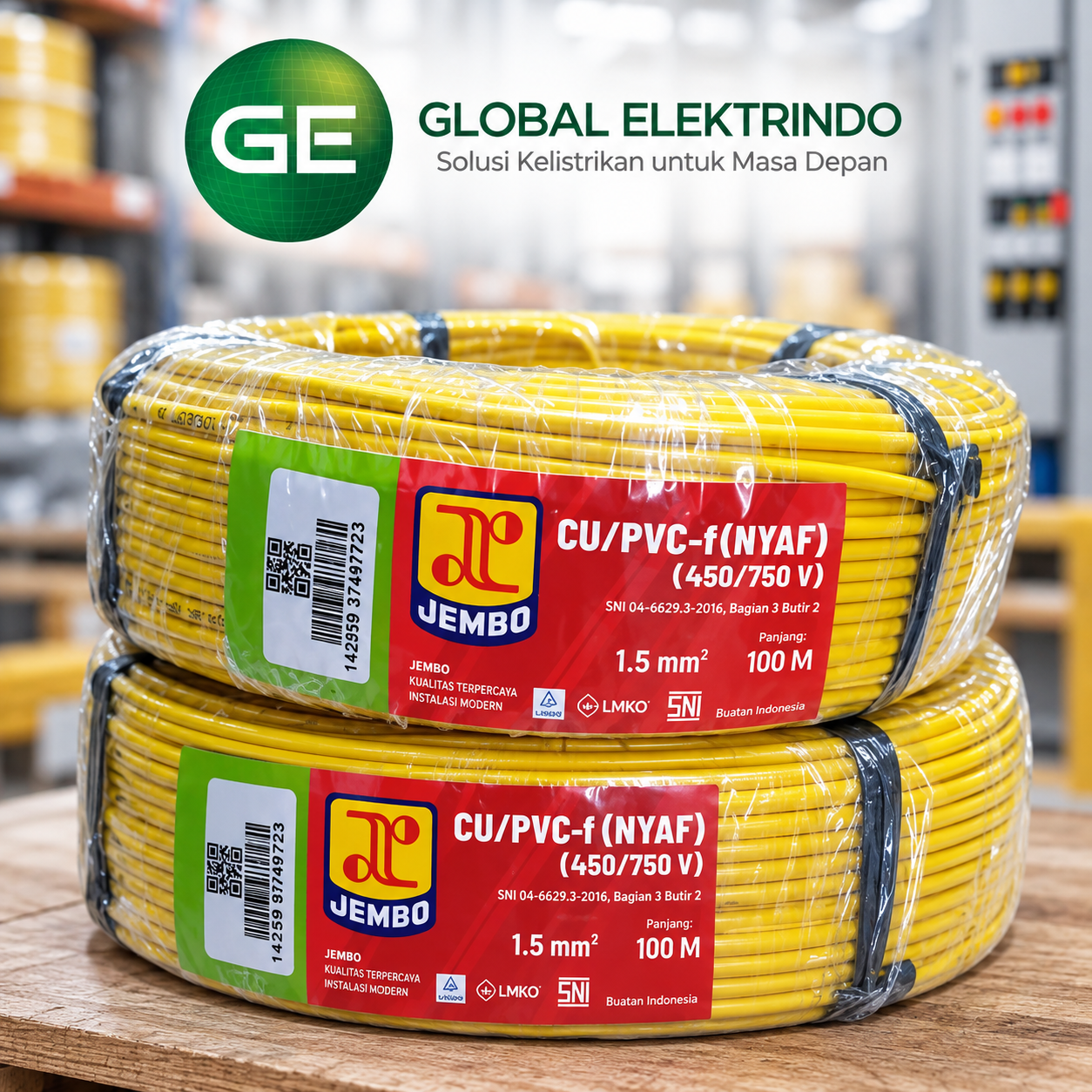 Jual Kabel Listrik Nyaf 1 X 1.5 Mm2 Kuning (100 Meter/Roll) Jembo Bekualitas Stadar SNI